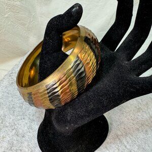 Vintage 70's Brass & Copper Bangle Bracelet With Textured Design Retro